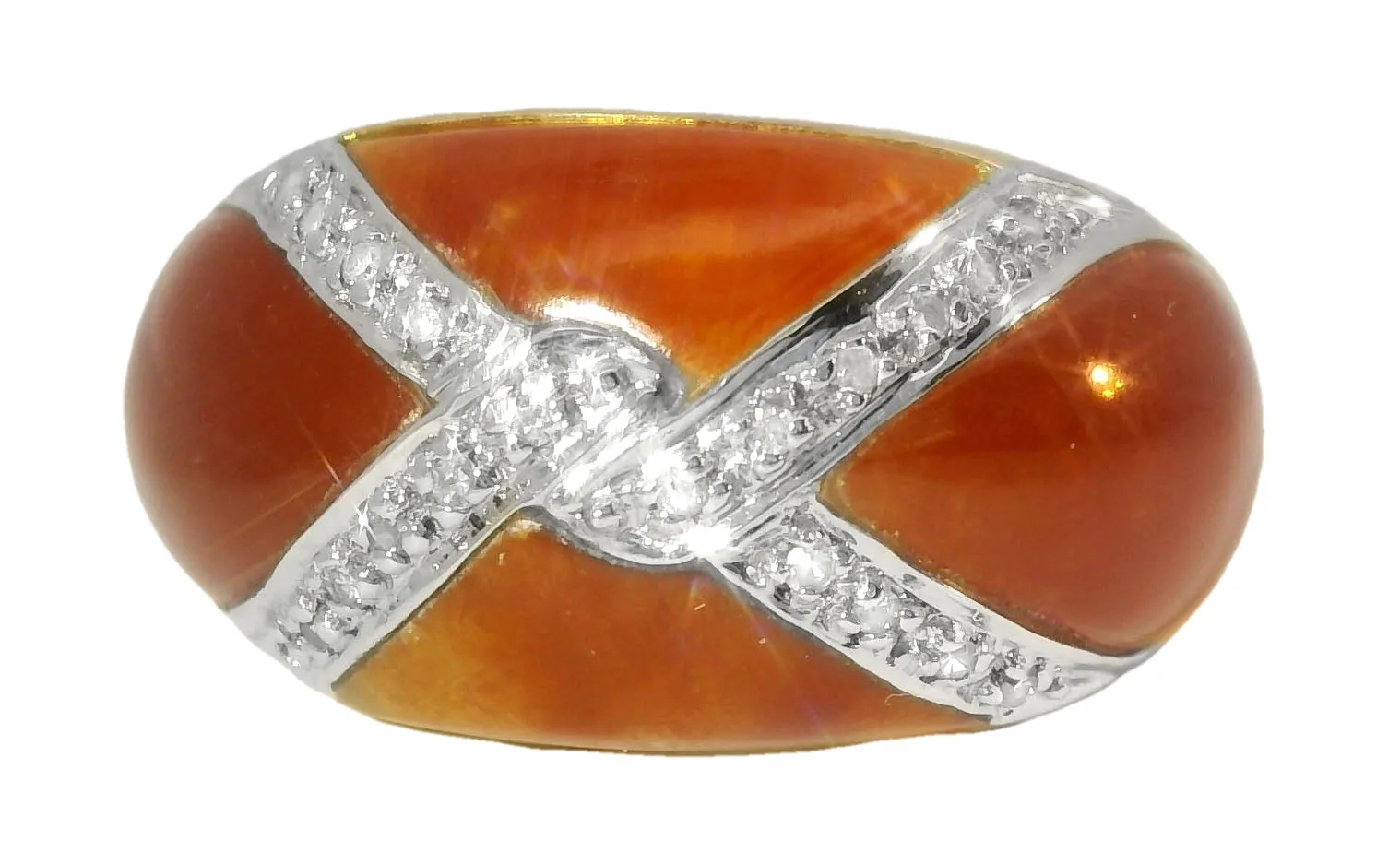 Beautiful Estate 14K Yellow Gold Designer Red Carnelian X Diamond Band Ring