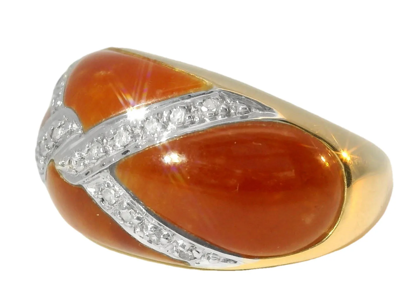 Beautiful Estate 14K Yellow Gold Designer Red Carnelian X Diamond Band Ring
