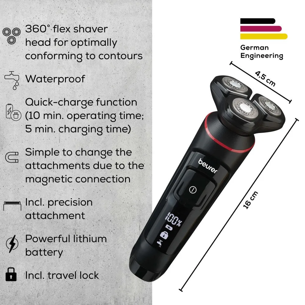 Beurer Germany MN8X Electric Shaver: Rotary Shaver with 360° Flexible Head, Wet & Dry Shaving, Rechargeable