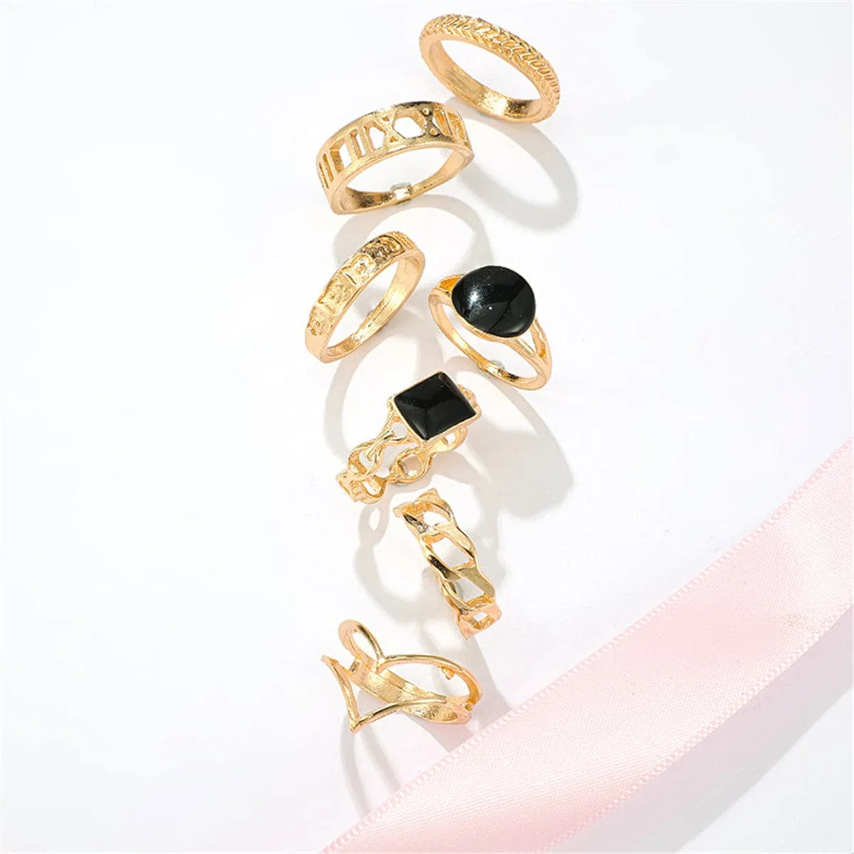 Black & 18K Gold-Plated Oval Double-Band Ring Set