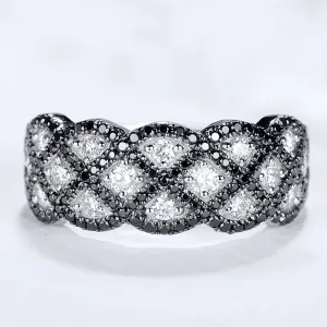 Black and White Diamond X-Pattern Ring