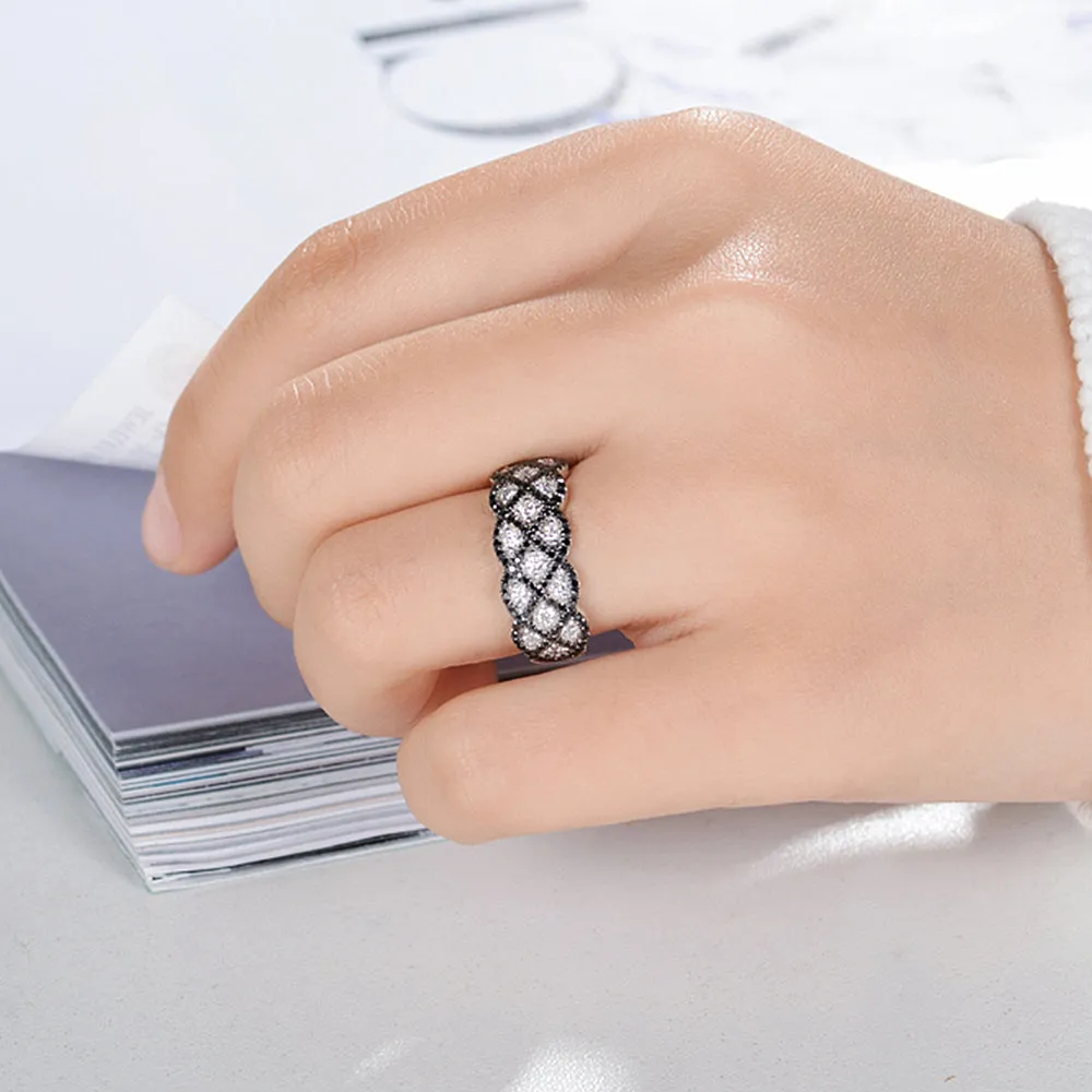 Black and White Diamond X-Pattern Ring