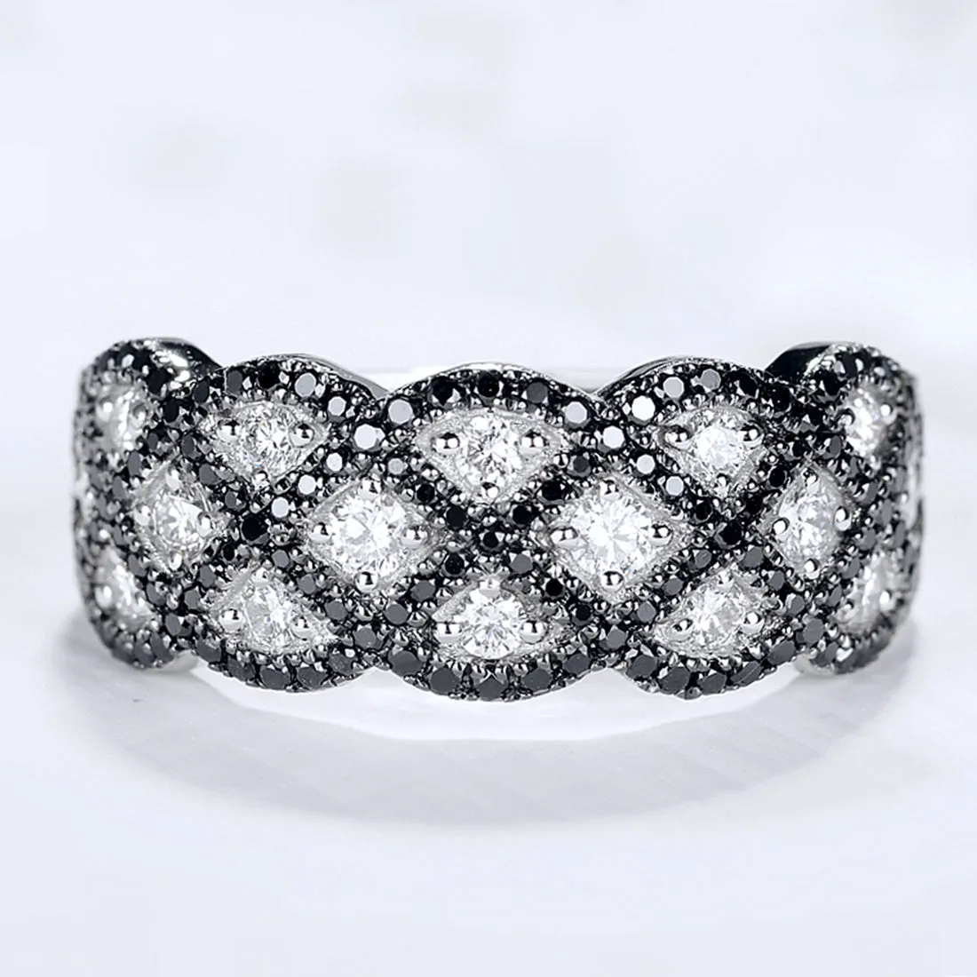 Black and White Diamond X-Pattern Ring