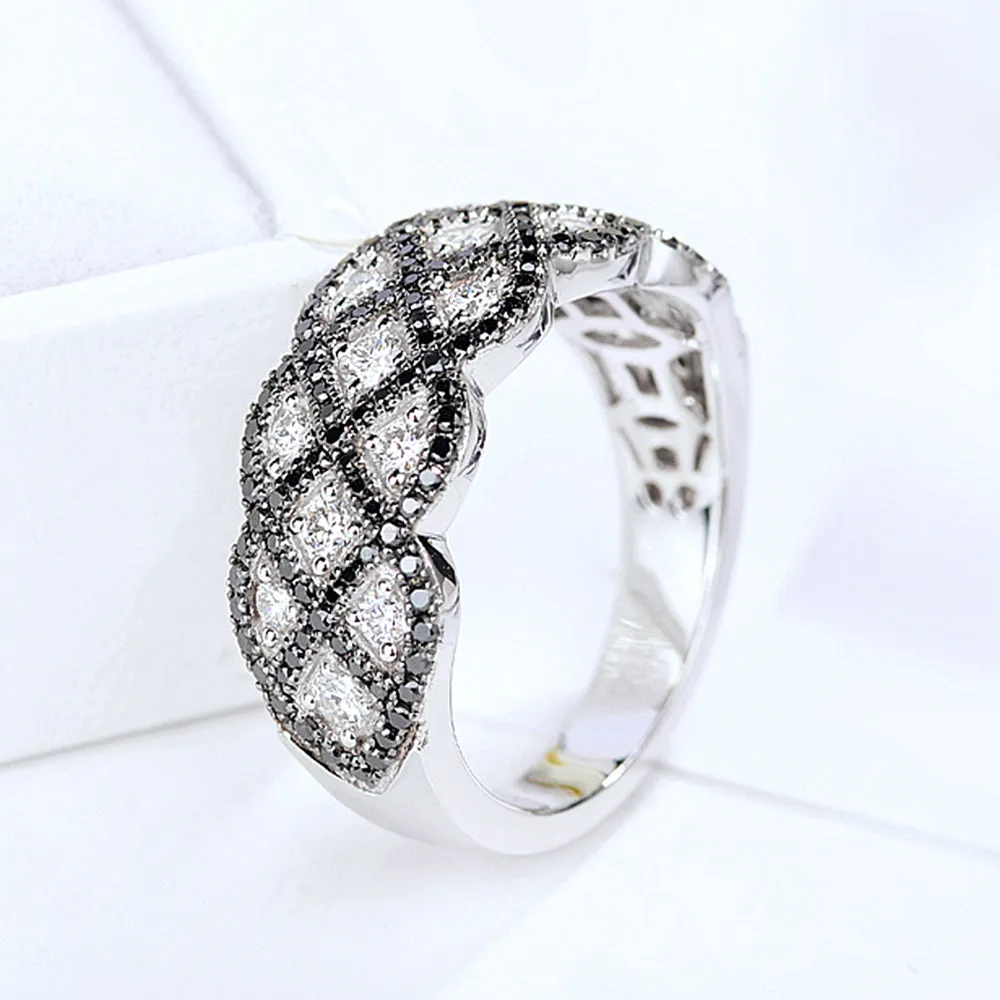 Black and White Diamond X-Pattern Ring