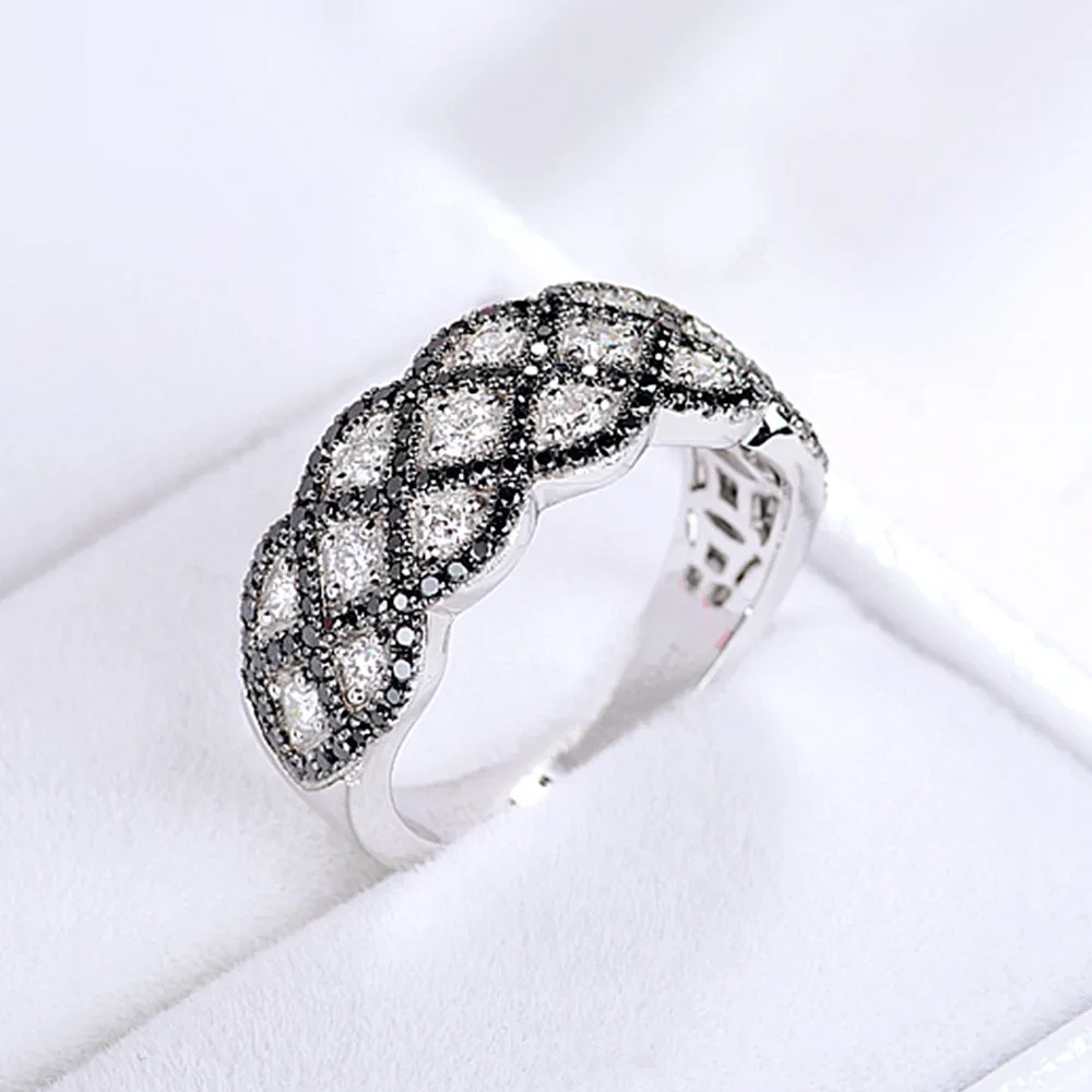 Black and White Diamond X-Pattern Ring