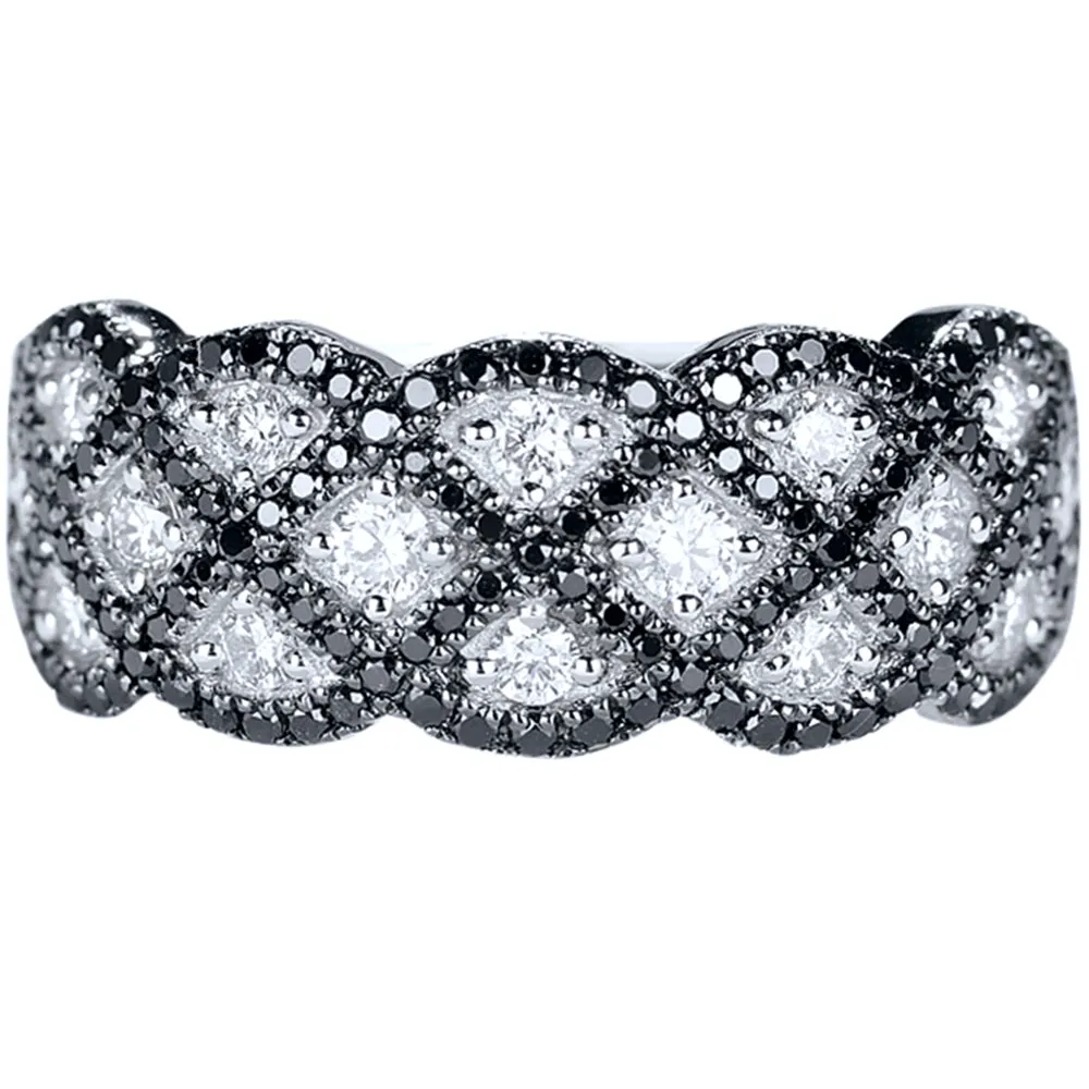 Black and White Diamond X-Pattern Ring