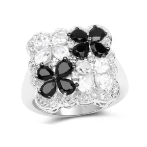 Black Spinel White Topaz Floral Ring