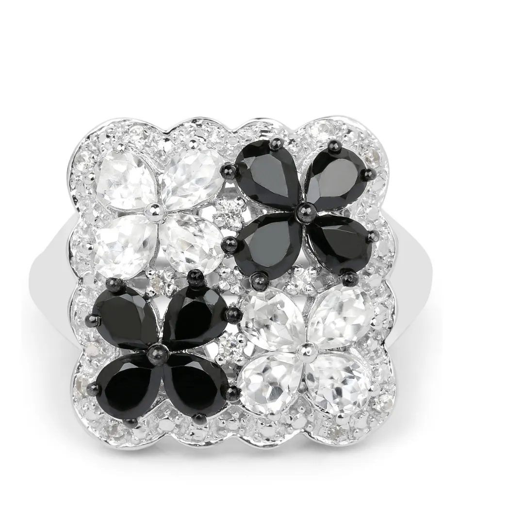 Black Spinel White Topaz Floral Ring