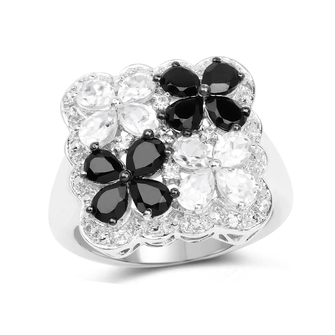 Black Spinel White Topaz Floral Ring