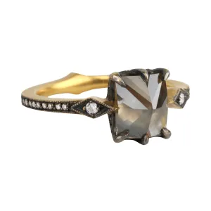 Blackened 22K Gold Prong-Set Rectangular Inverted Rustic Diamond "Mysterious Lake" Ring
