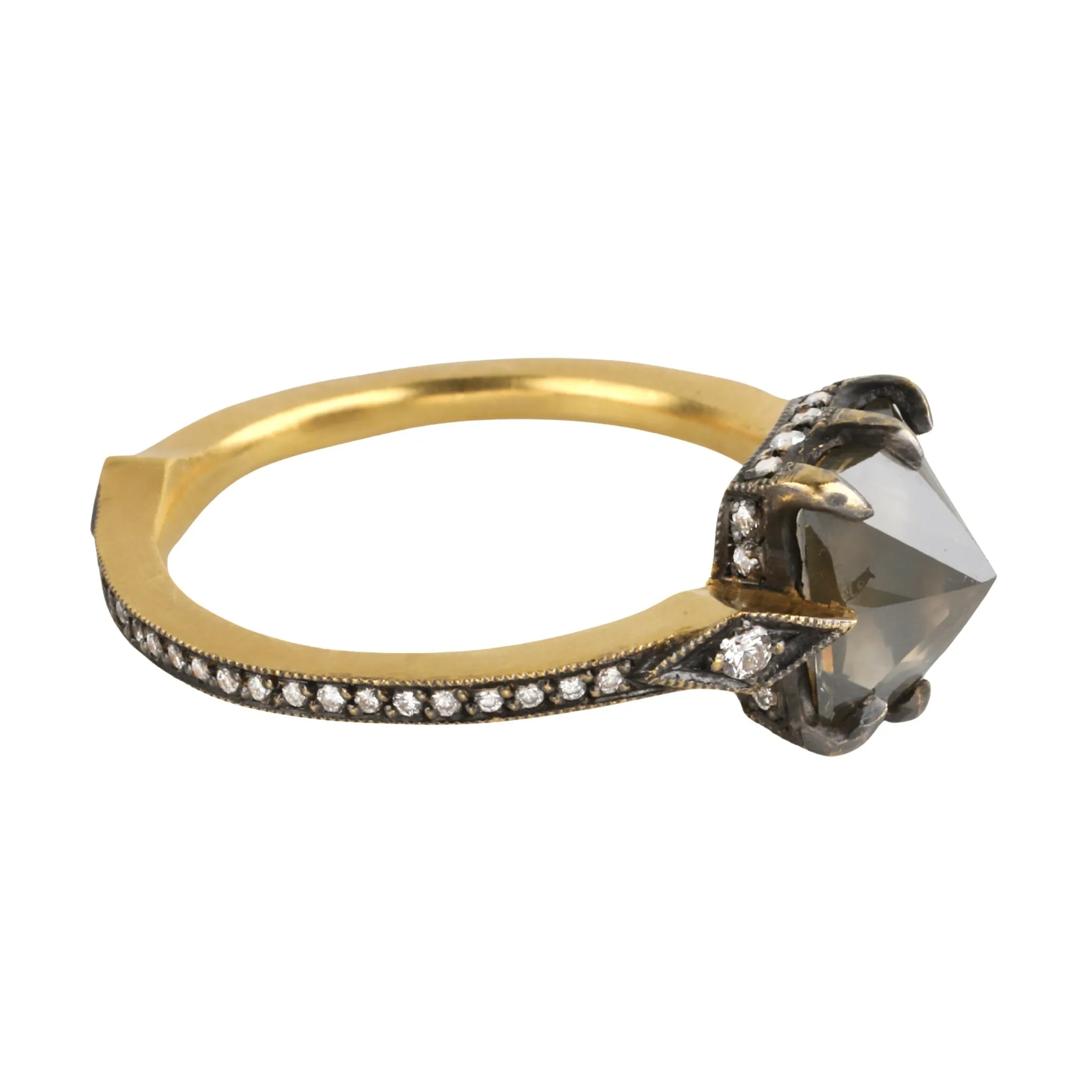 Blackened 22K Gold Prong-Set Rectangular Inverted Rustic Diamond "Mysterious Lake" Ring