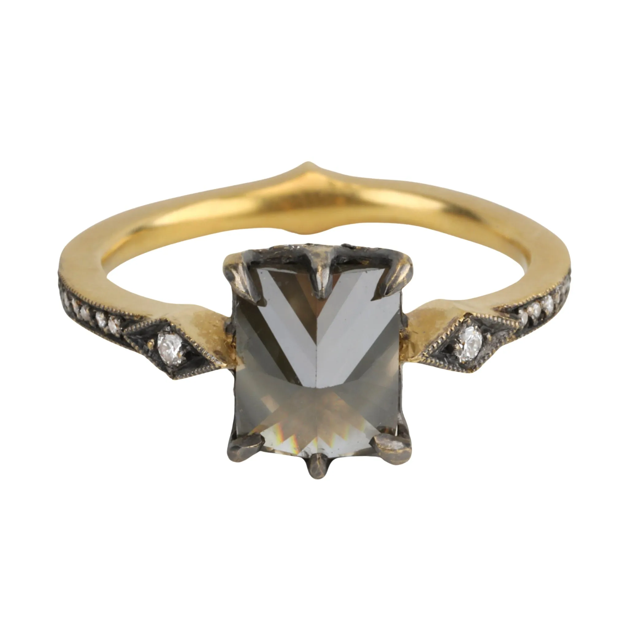 Blackened 22K Gold Prong-Set Rectangular Inverted Rustic Diamond "Mysterious Lake" Ring