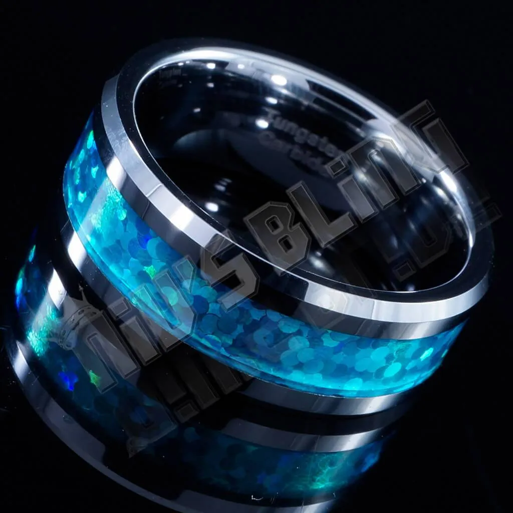 Blue Opal Silver Tungsten Carbide Ring 8MM
