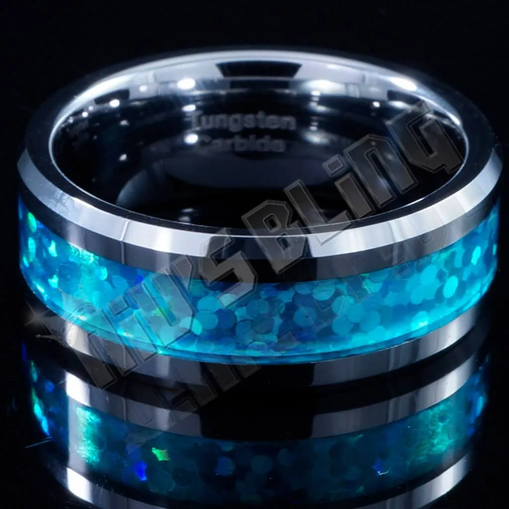Blue Opal Silver Tungsten Carbide Ring 8MM