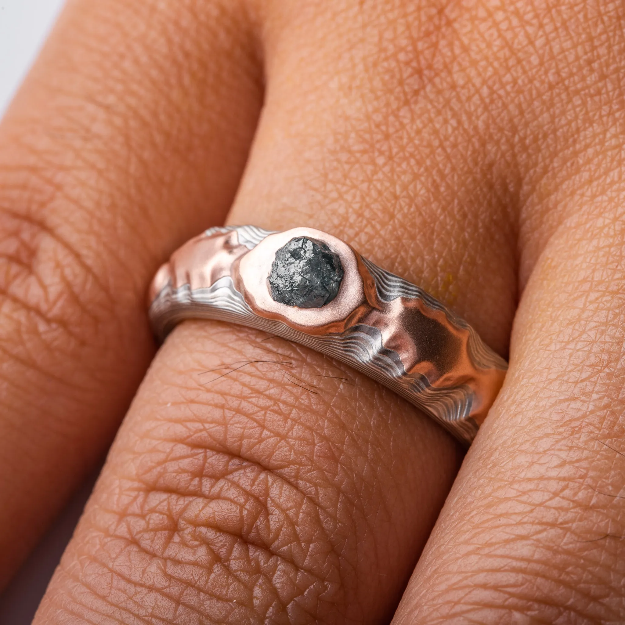 Blue Raw Diamond Mokume Gane Mesa Ring