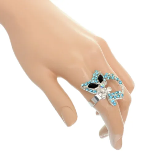 Blue Rhinestone Fox Bow Tie Adjustable Ring