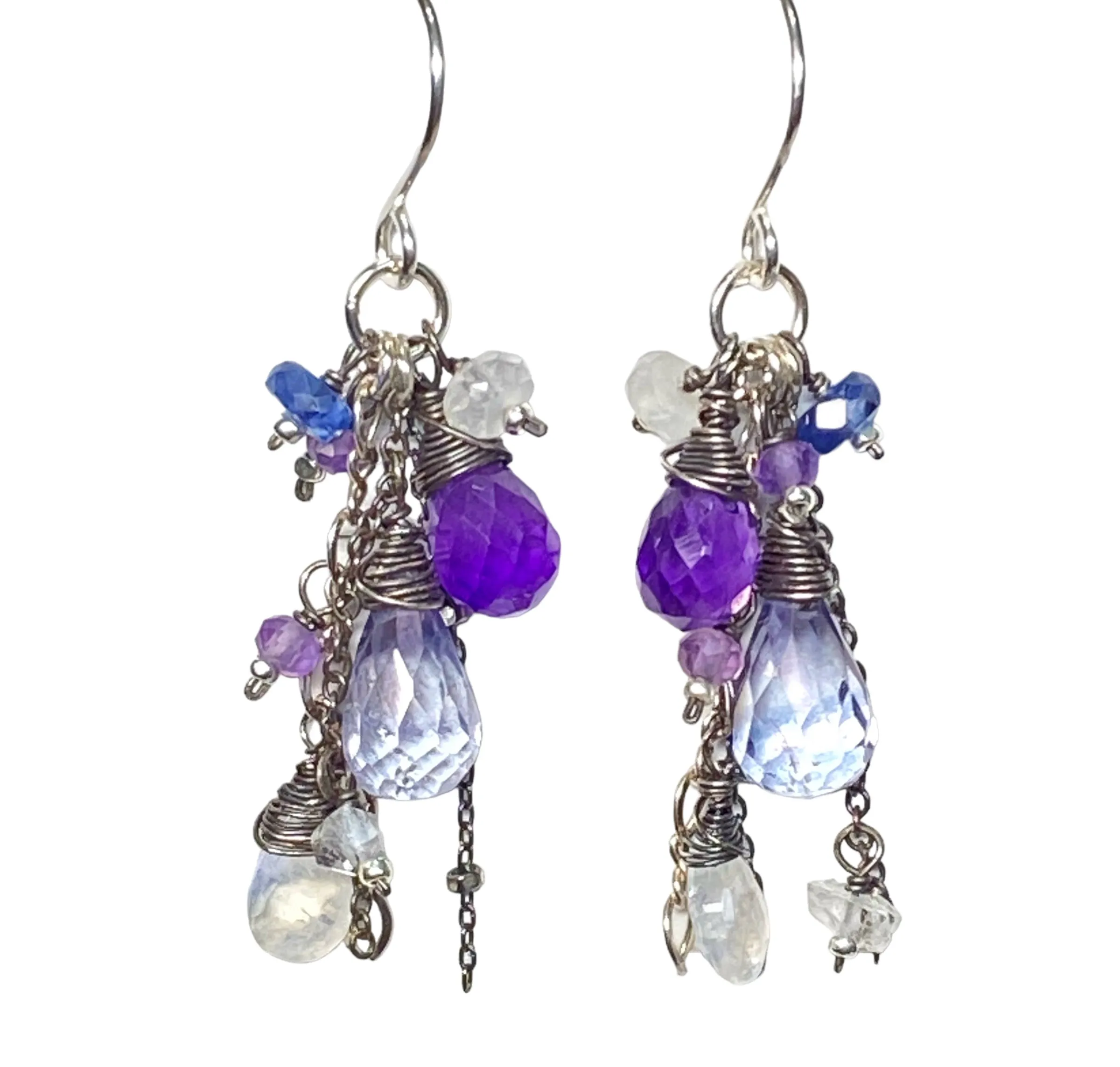 Blue Violet Boho Dangle Earrings Amethyst, Blue Denim Quartz, Oxidized Sterling Silver
