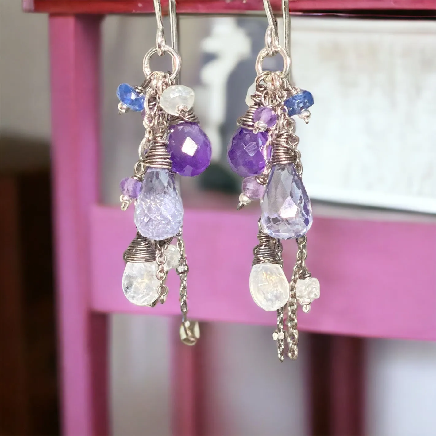 Blue Violet Boho Dangle Earrings Amethyst, Blue Denim Quartz, Oxidized Sterling Silver