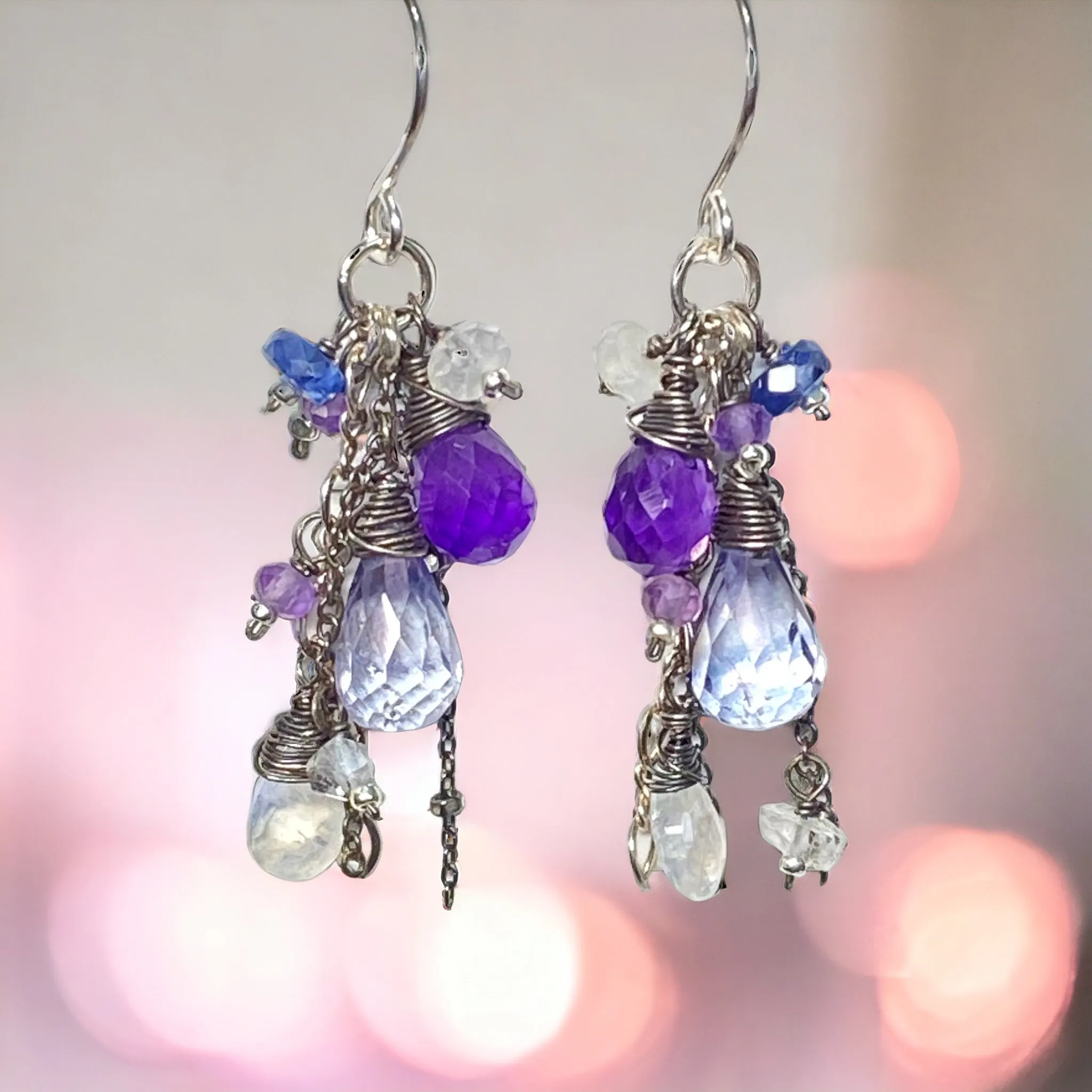 Blue Violet Boho Dangle Earrings Amethyst, Blue Denim Quartz, Oxidized Sterling Silver
