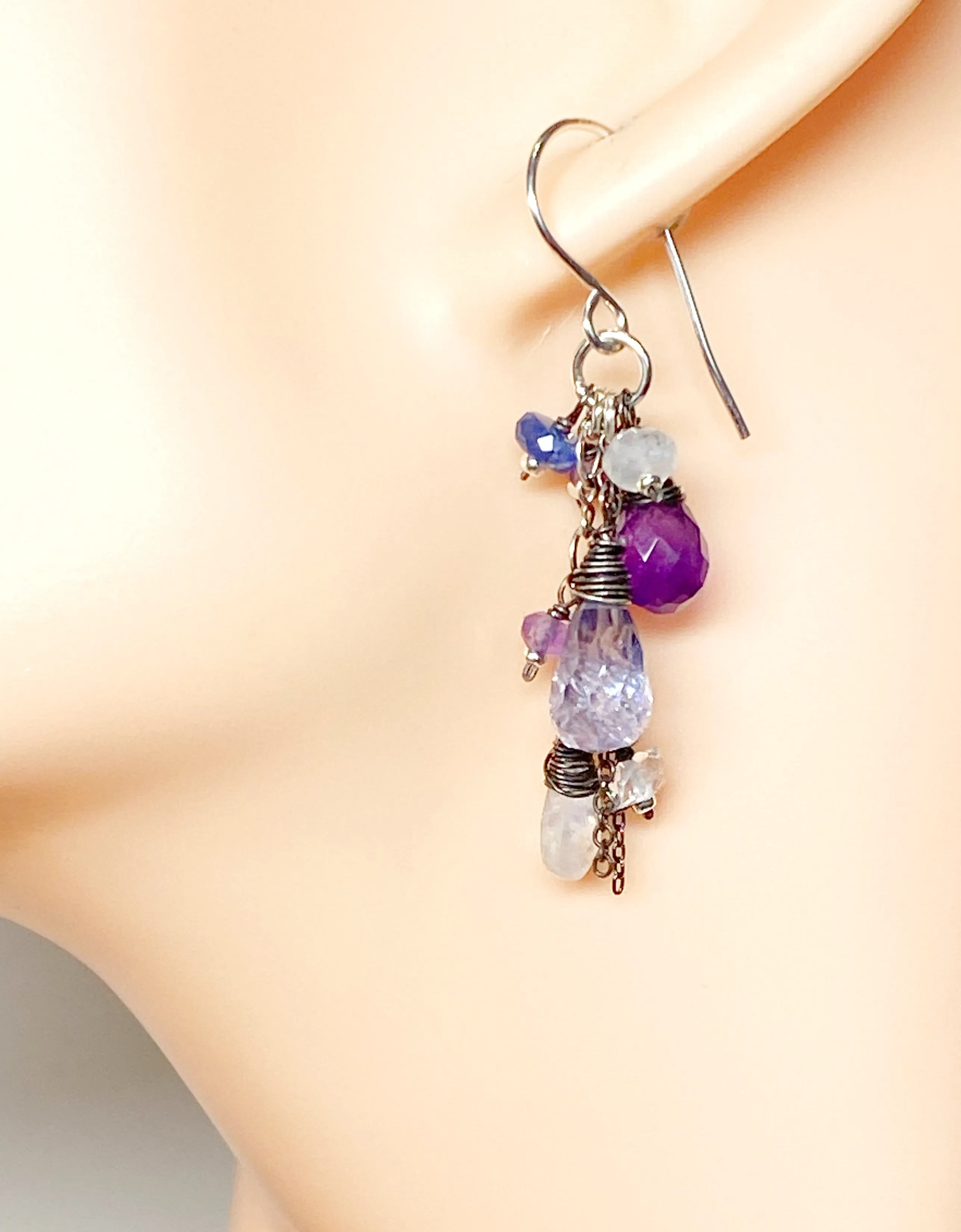 Blue Violet Boho Dangle Earrings Amethyst, Blue Denim Quartz, Oxidized Sterling Silver