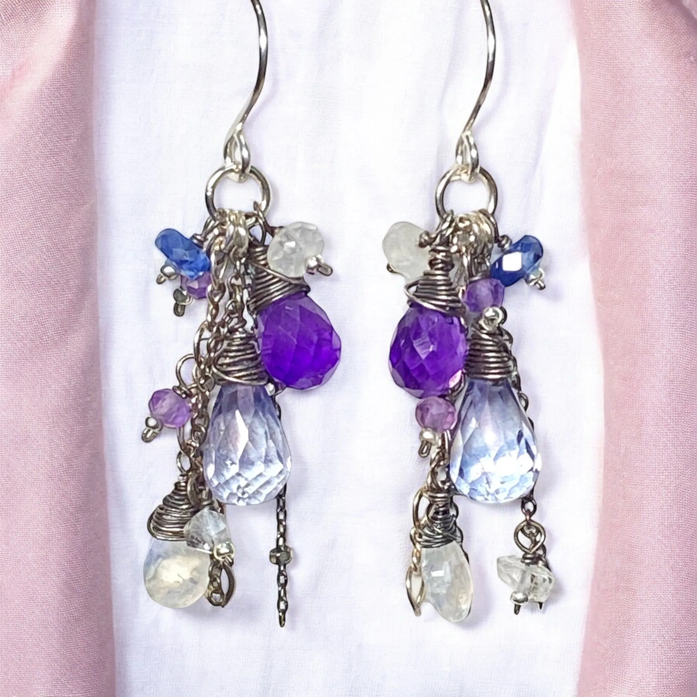 Blue Violet Boho Dangle Earrings Amethyst, Blue Denim Quartz, Oxidized Sterling Silver