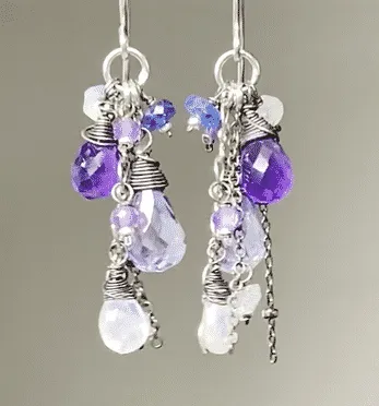 Blue Violet Boho Dangle Earrings Amethyst, Blue Denim Quartz, Oxidized Sterling Silver