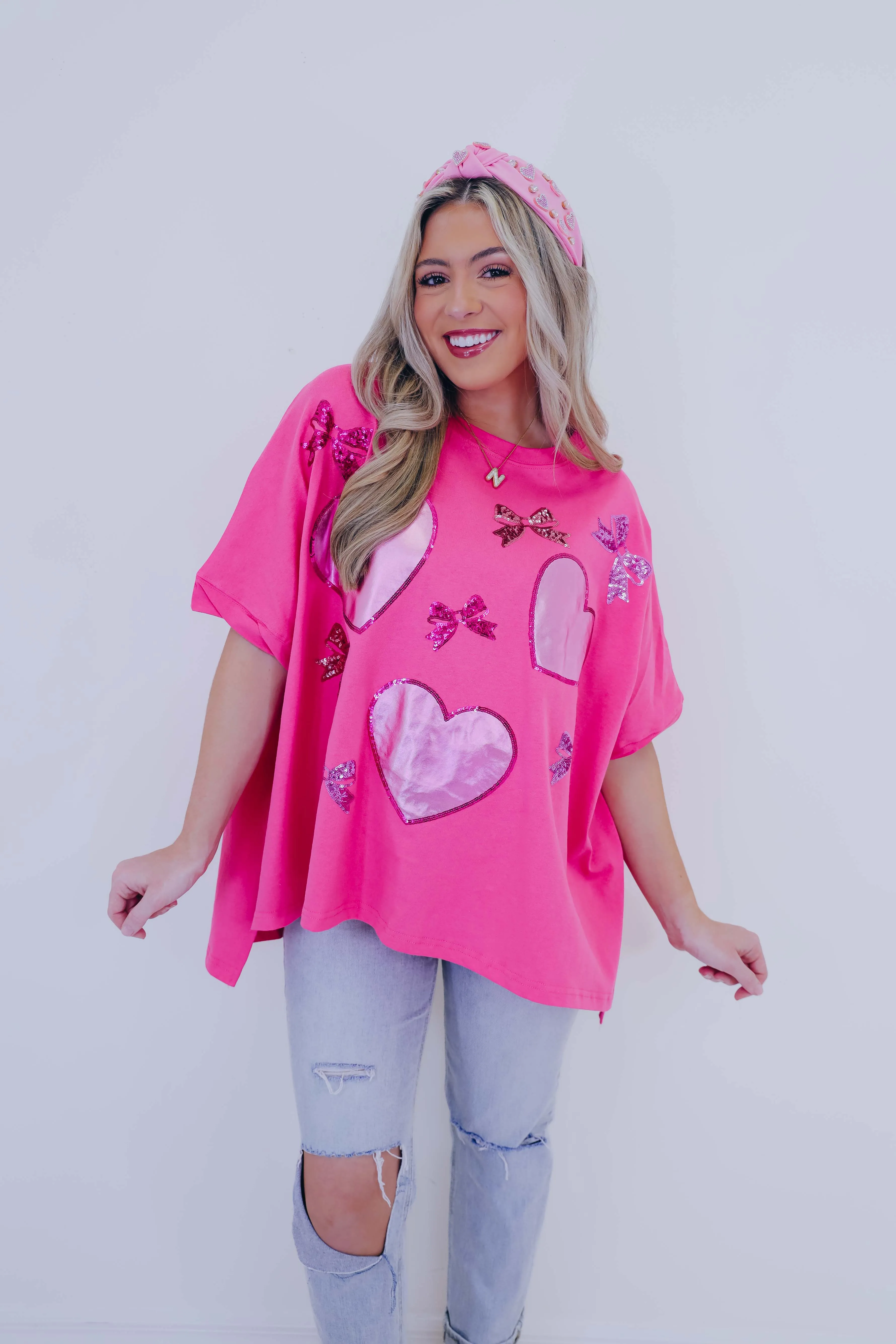 Bows And Hearts Sequin Patch Oversized Top
