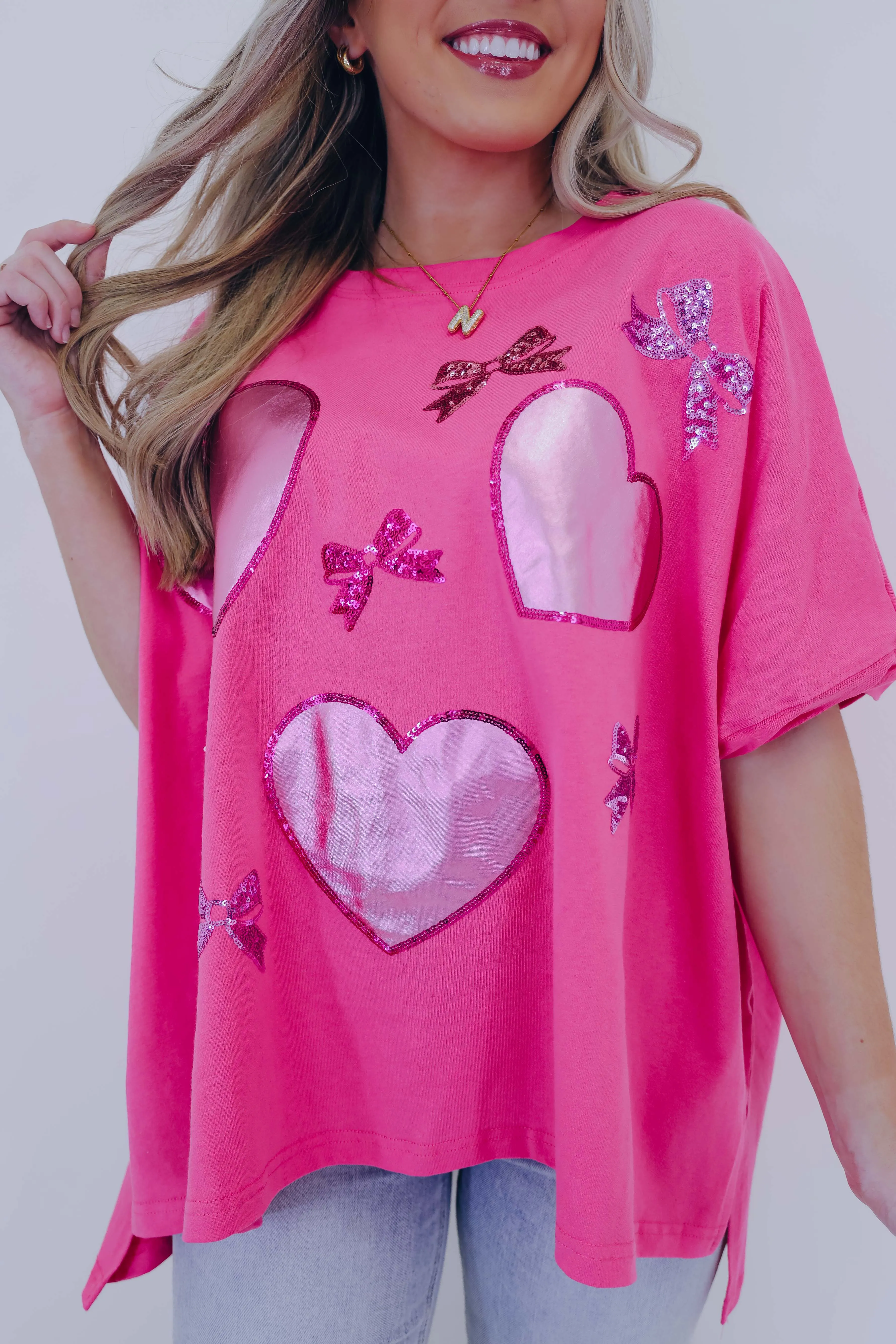 Bows And Hearts Sequin Patch Oversized Top