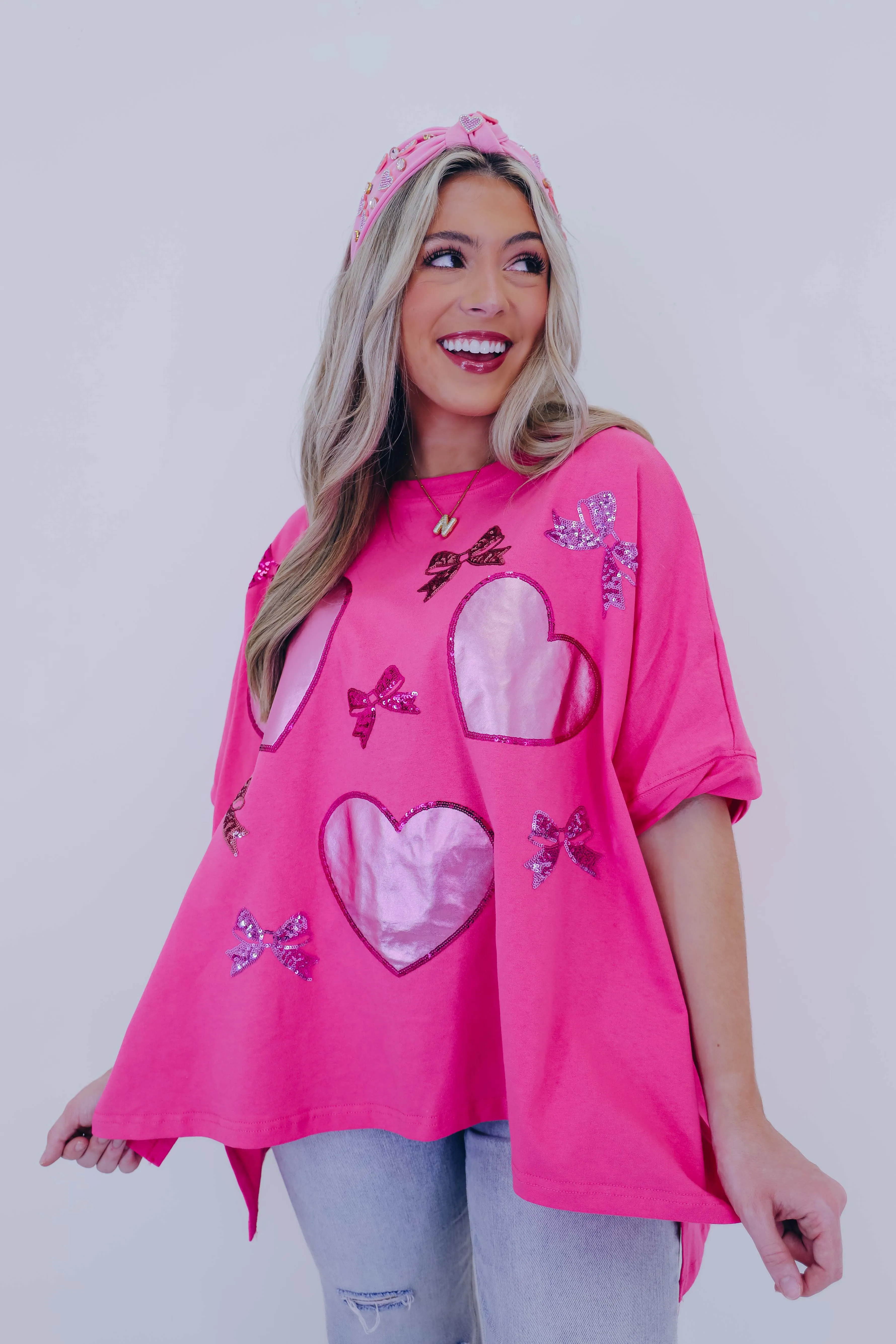 Bows And Hearts Sequin Patch Oversized Top