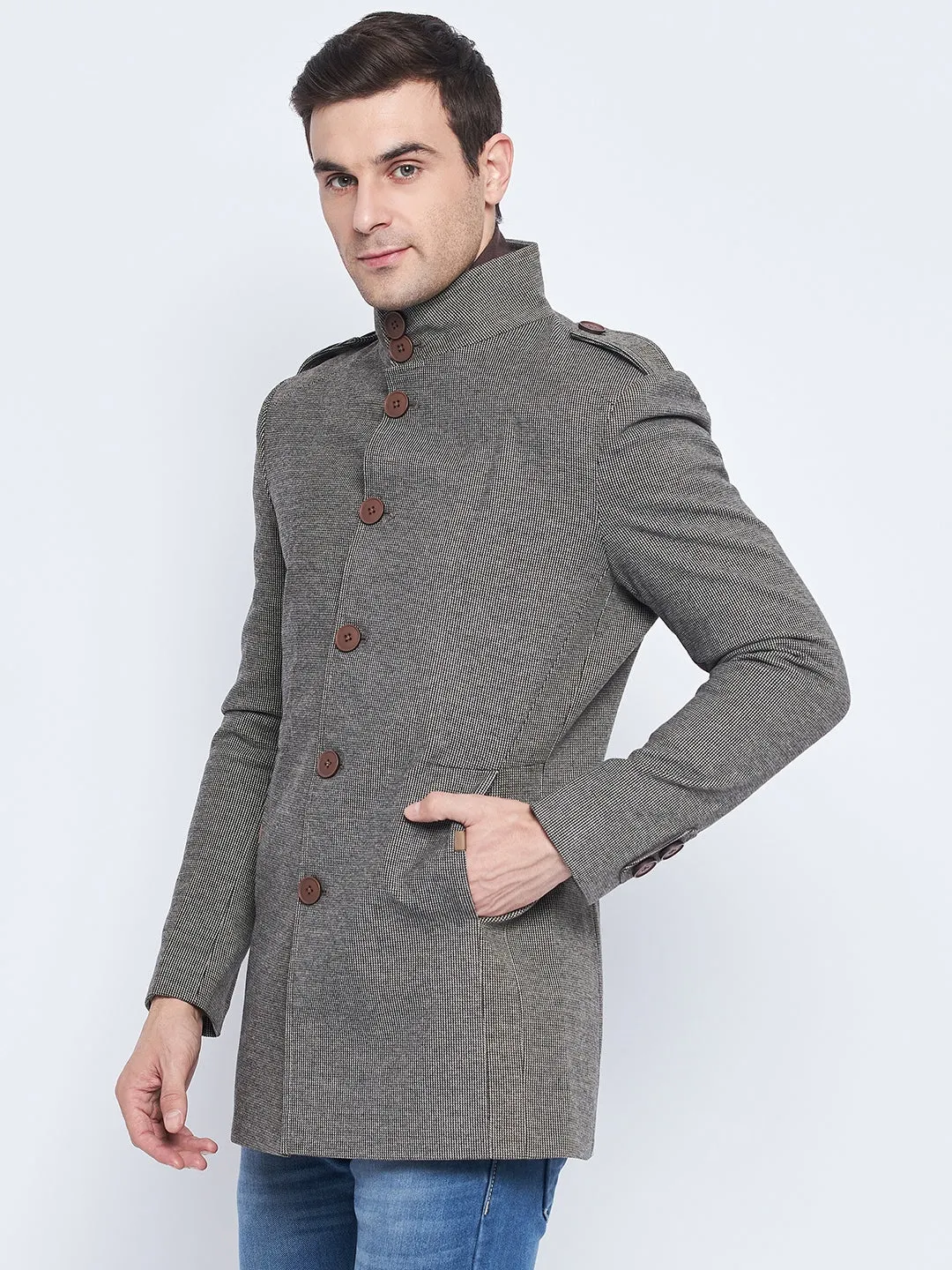 Camla Barcelona Stand Collar Chequered Black Woollen Coat