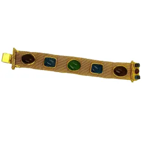 CHANEL - Vintage Mesh Gold Bracelet with Gripoix Multicolor Glass Stones
