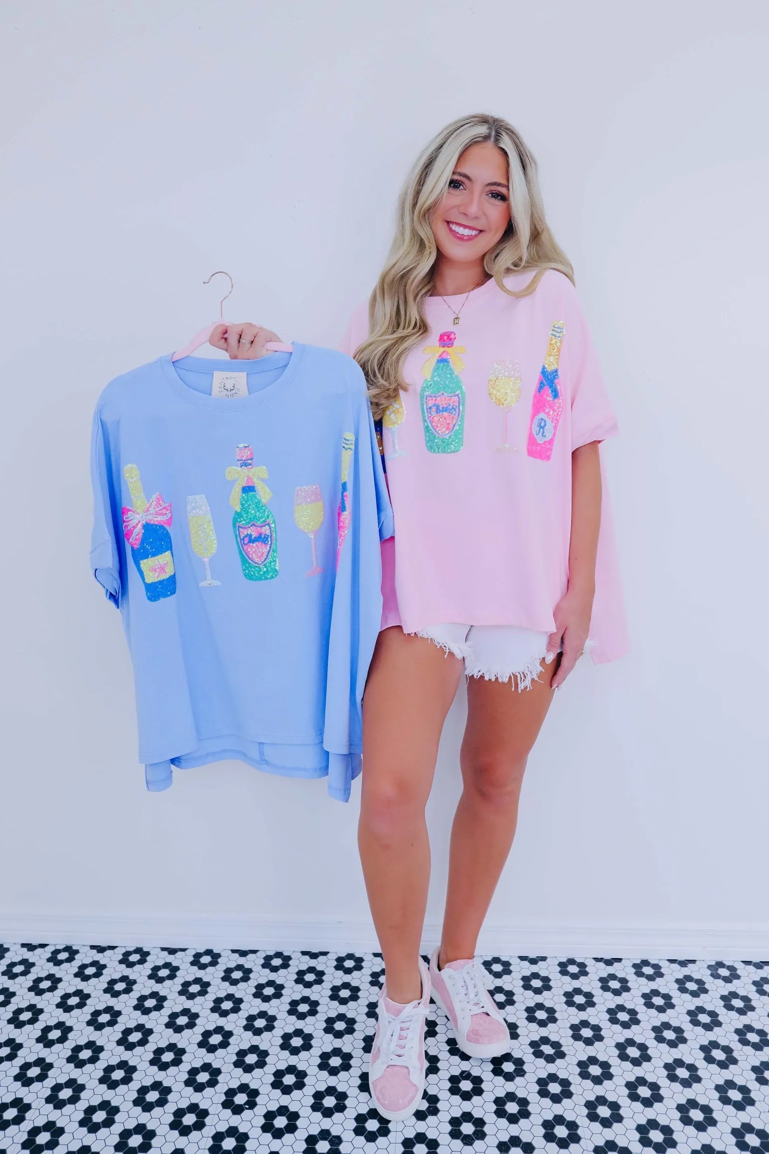 ***Cheers Sequin Patch Oversized Top - 2 Colors SAMPLE
