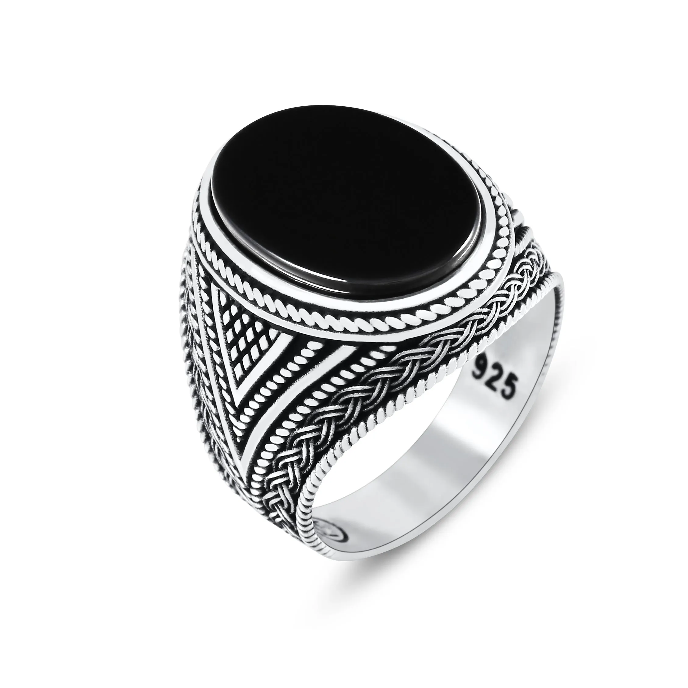 Chimoda Mens Rings with Black Onyx Stone in Sterling Silver with Vintage Eastern Motifs Men's Jewelry