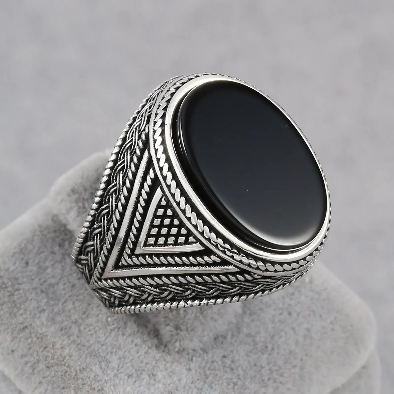 Chimoda Mens Rings with Black Onyx Stone in Sterling Silver with Vintage Eastern Motifs Men's Jewelry