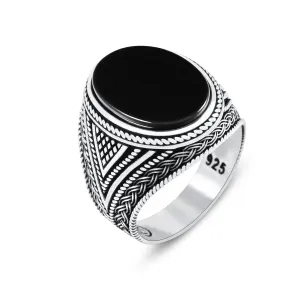 Chimoda Mens Rings with Black Onyx Stone in Sterling Silver with Vintage Eastern Motifs Men's Jewelry