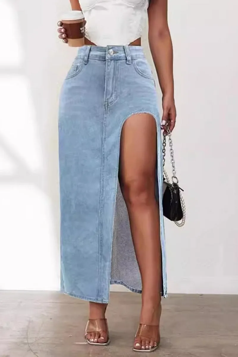 Chouyatou Women's Sexy High Split Slim Fit Maxi Long Pencil Denim Jean Skirt