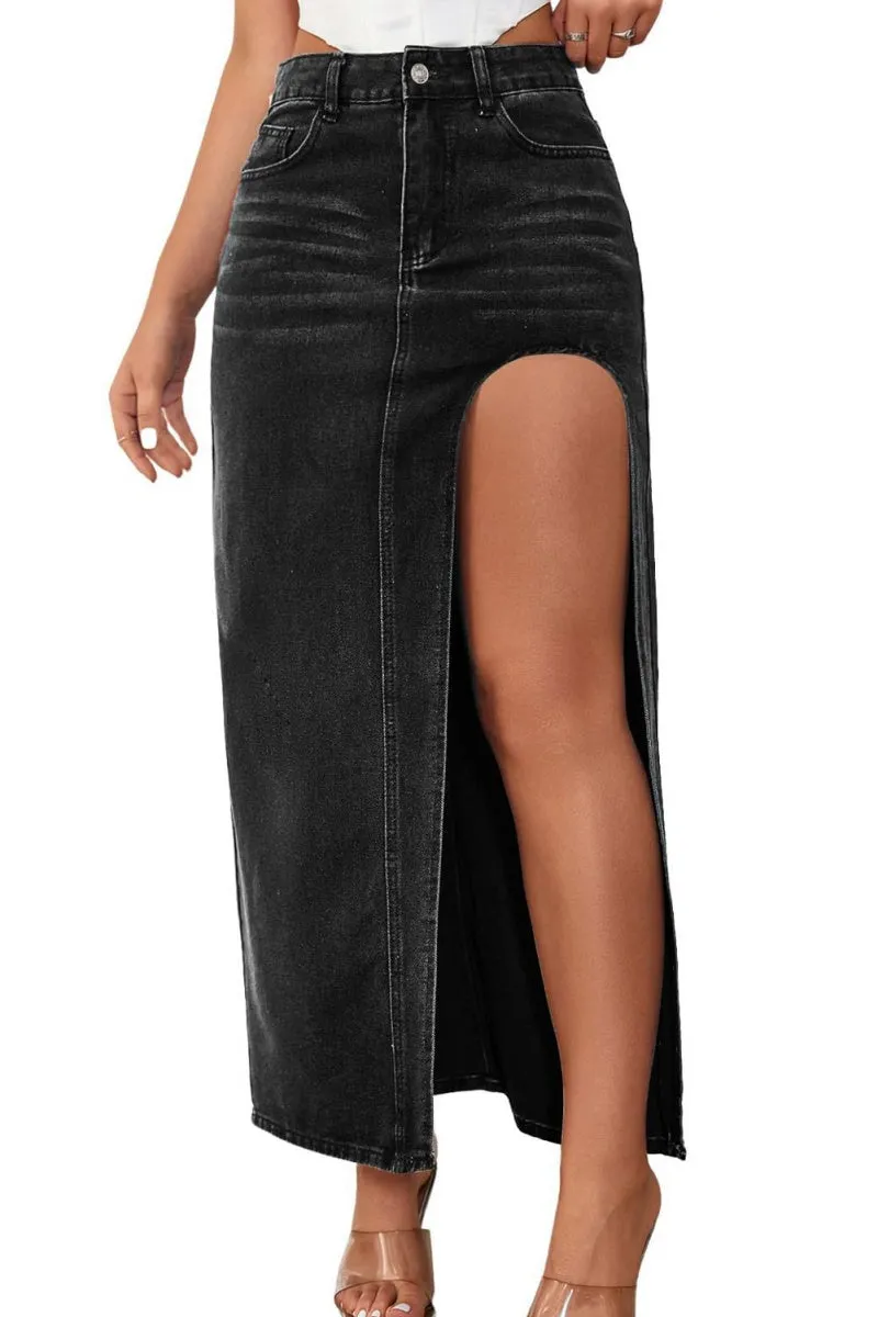 Chouyatou Women's Sexy High Split Slim Fit Maxi Long Pencil Denim Jean Skirt