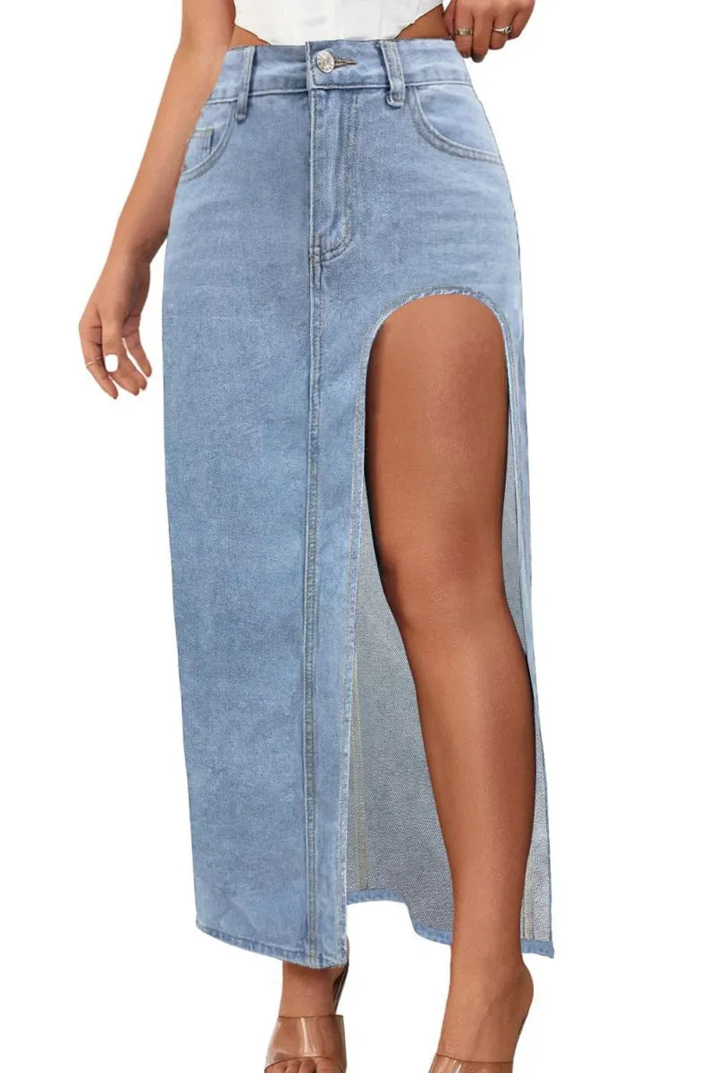 Chouyatou Women's Sexy High Split Slim Fit Maxi Long Pencil Denim Jean Skirt