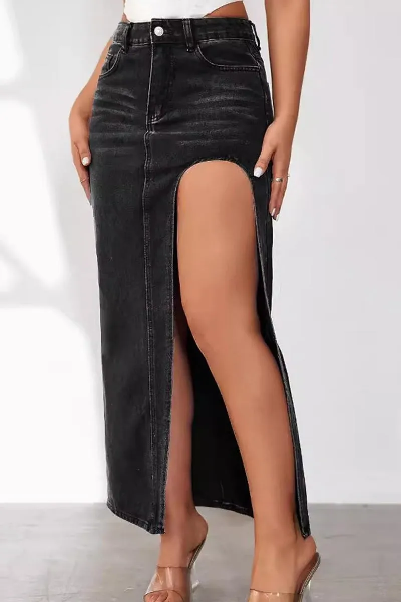 Chouyatou Women's Sexy High Split Slim Fit Maxi Long Pencil Denim Jean Skirt