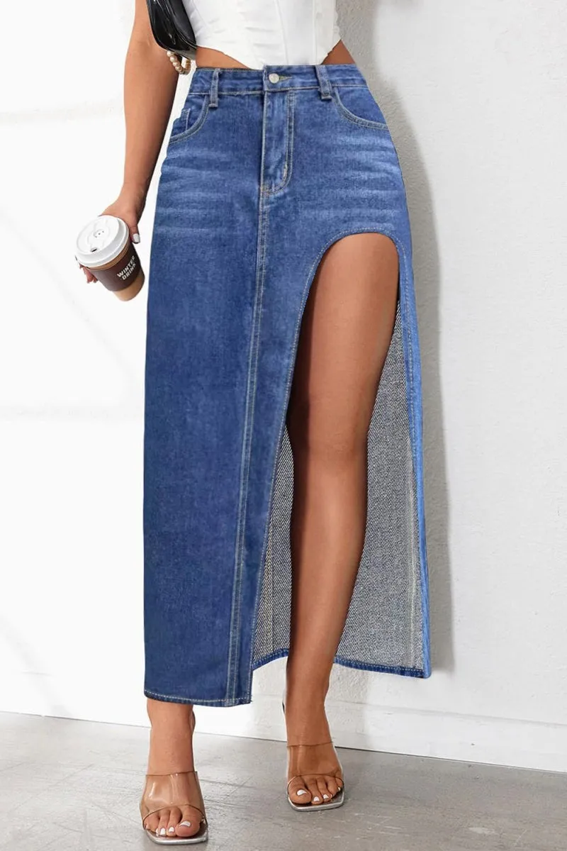 Chouyatou Women's Sexy High Split Slim Fit Maxi Long Pencil Denim Jean Skirt