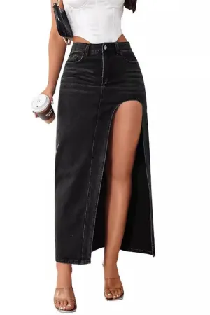 Chouyatou Women's Sexy High Split Slim Fit Maxi Long Pencil Denim Jean Skirt