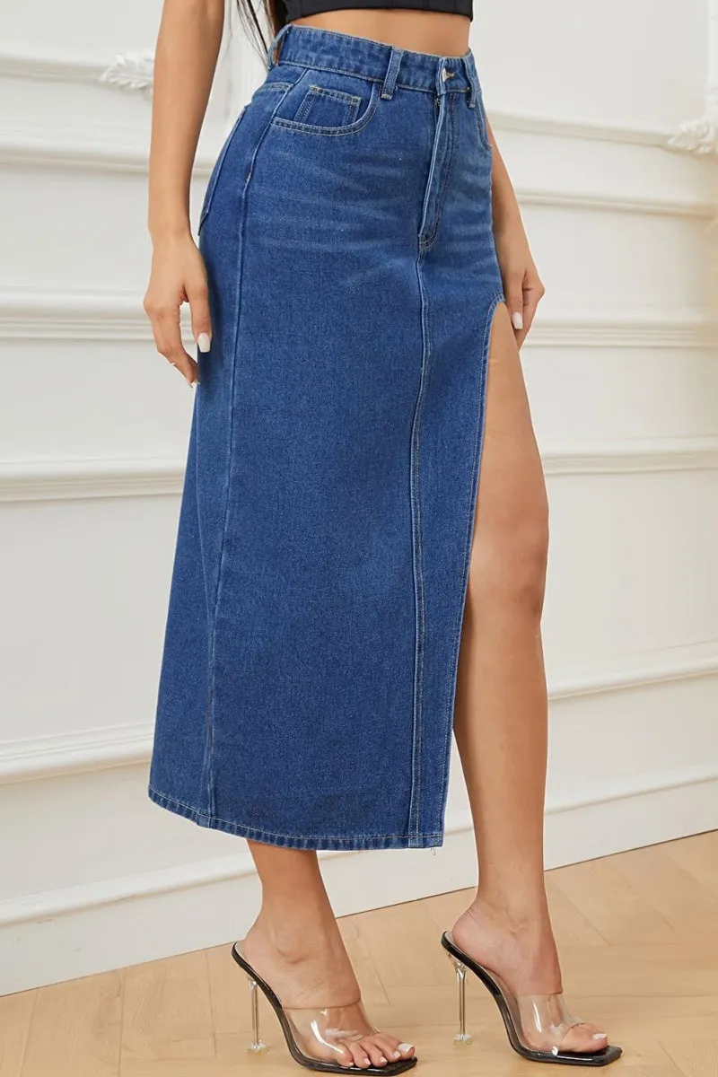 Chouyatou Women's Sexy High Split Slim Fit Maxi Long Pencil Denim Jean Skirt
