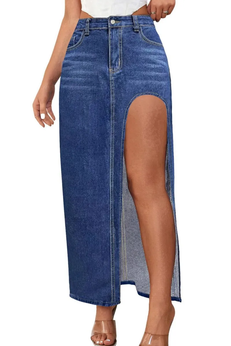 Chouyatou Women's Sexy High Split Slim Fit Maxi Long Pencil Denim Jean Skirt