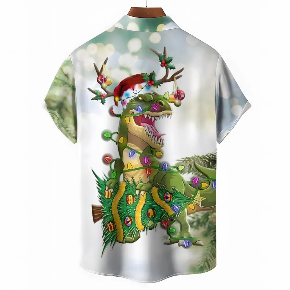 Christmas Tyrannosaurus Rex Print Casual Short Sleeve Shirt 2408009544