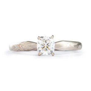 Classic Mokume Gane Diamond Engagement Ring in Smoke Palette and Woodgrain Pattern