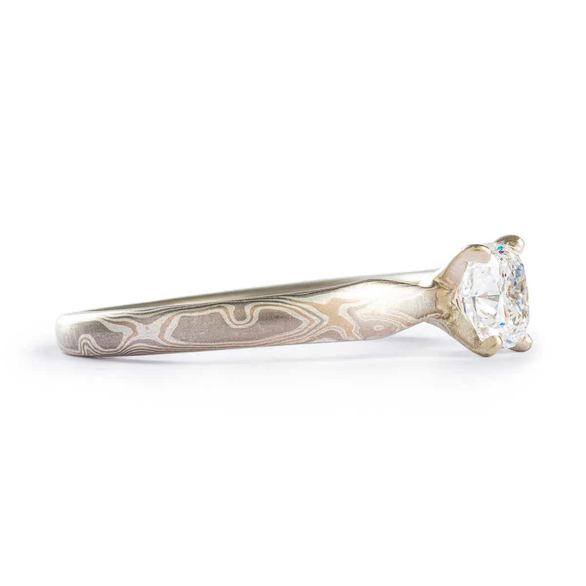 Classic Mokume Gane Diamond Engagement Ring in Smoke Palette and Woodgrain Pattern