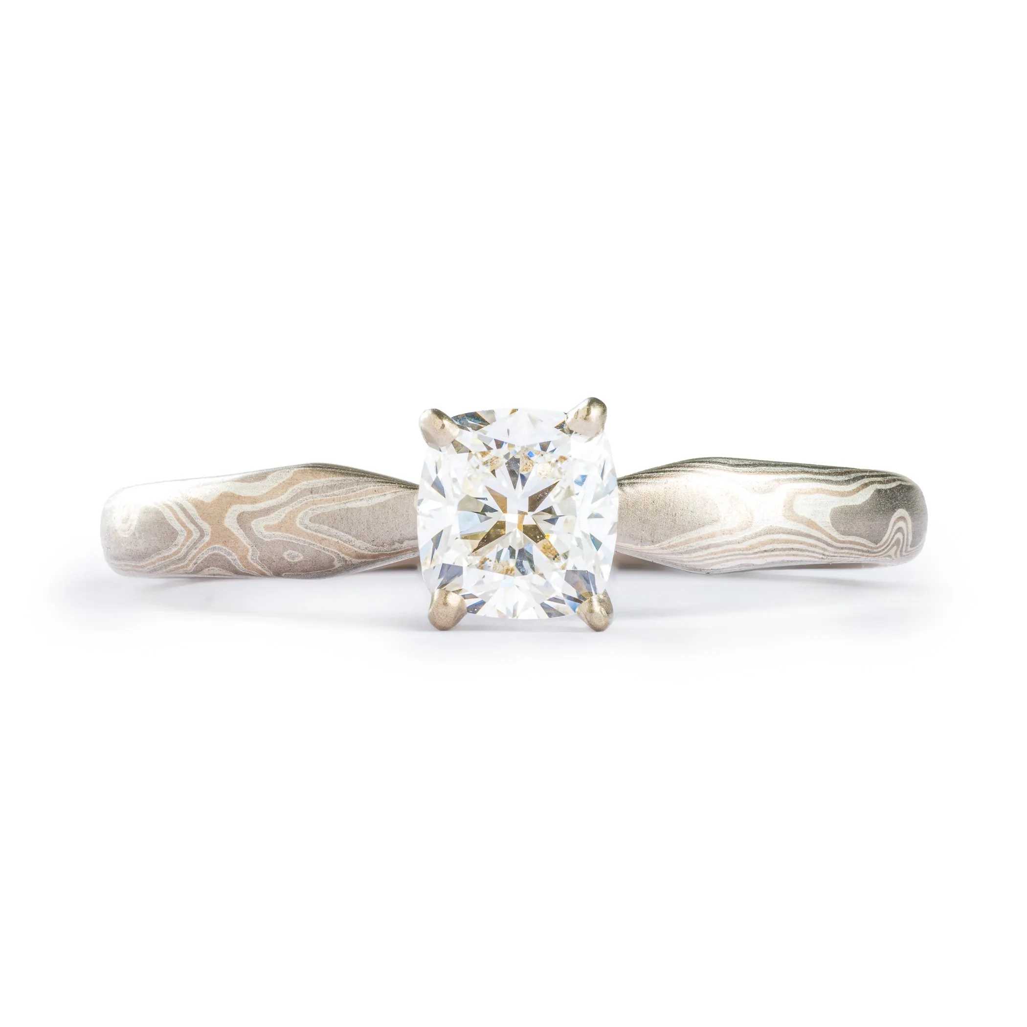 Classic Mokume Gane Diamond Engagement Ring in Smoke Palette and Woodgrain Pattern