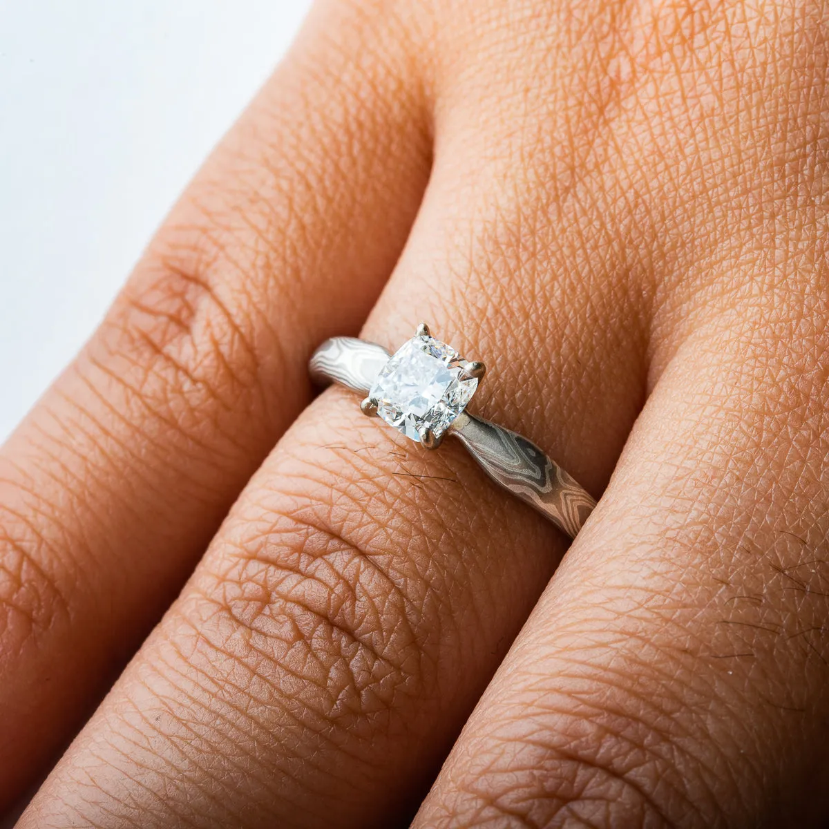 Classic Mokume Gane Diamond Engagement Ring in Smoke Palette and Woodgrain Pattern