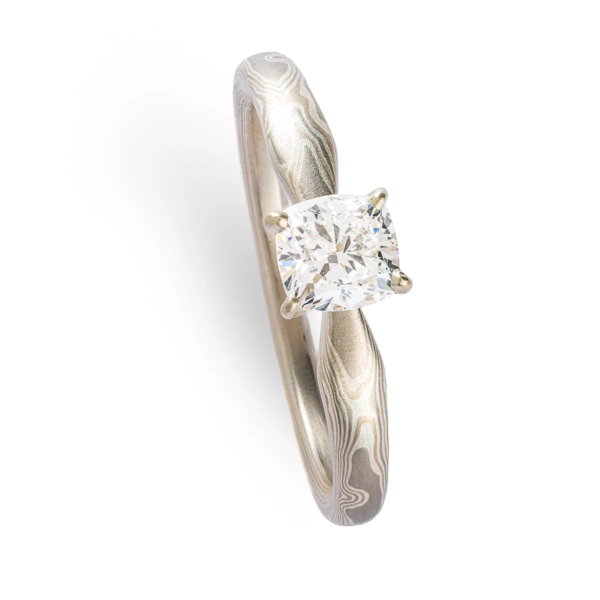 Classic Mokume Gane Diamond Engagement Ring in Smoke Palette and Woodgrain Pattern