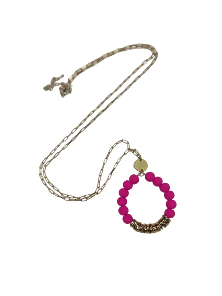 Clay Bead Pendant Long Necklace - Fuchsia